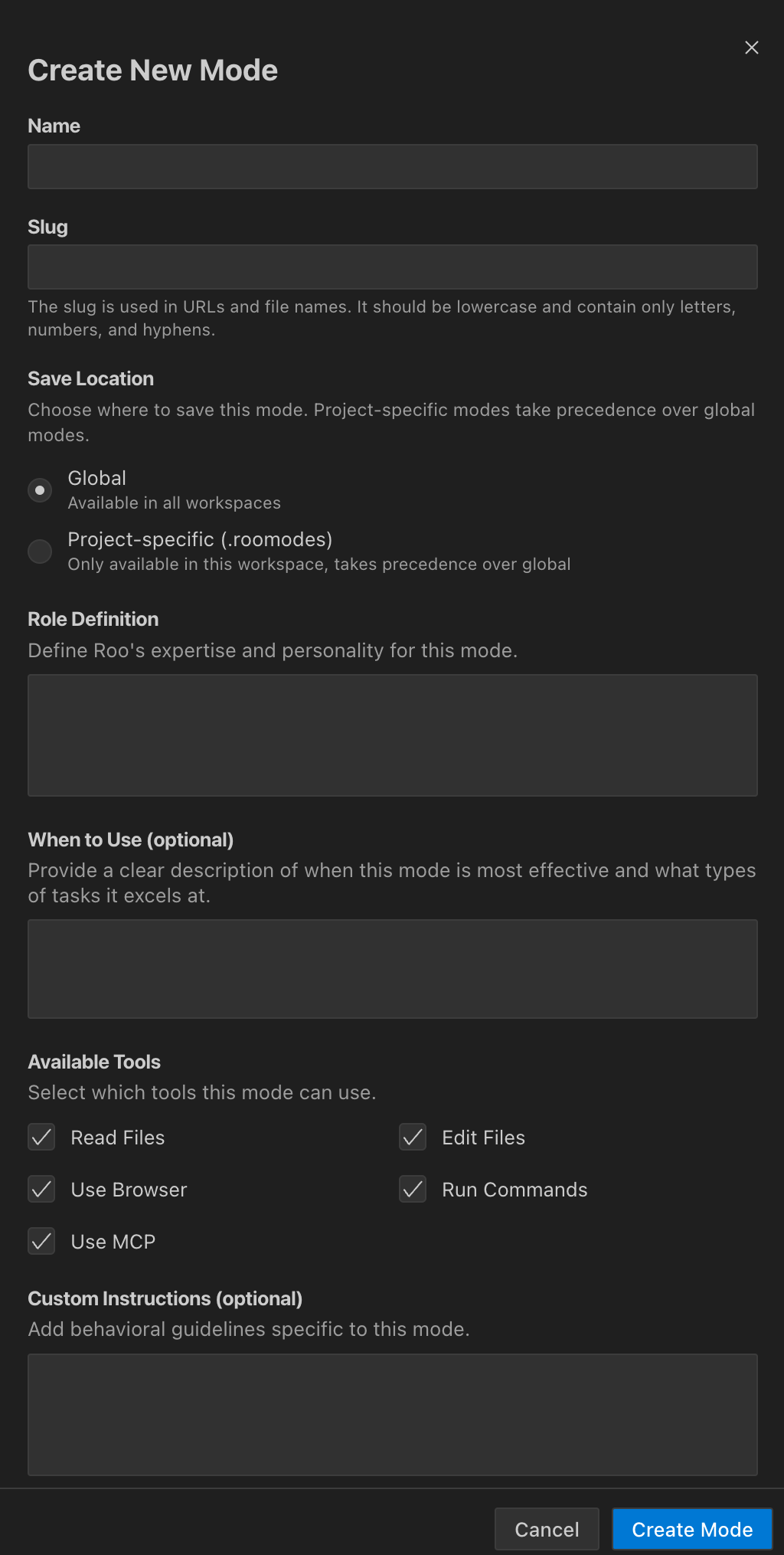 Custom mode creation interface in the Prompts tab