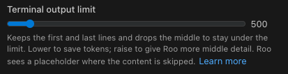 Terminal output limit slider set to 500