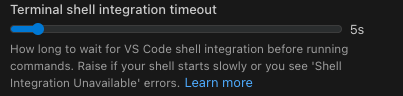 Terminal shell integration timeout slider set to 15s