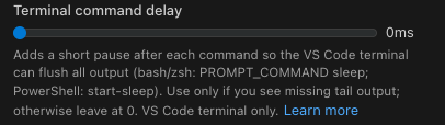 Terminal command delay slider set to 0ms