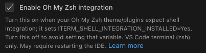 Enable Oh My Zsh integration checkbox