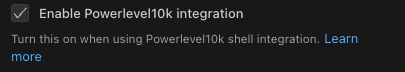 Enable Powerlevel10k integration checkbox