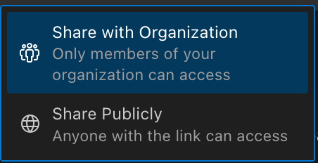 Share options showing Organization and Public visibility choices