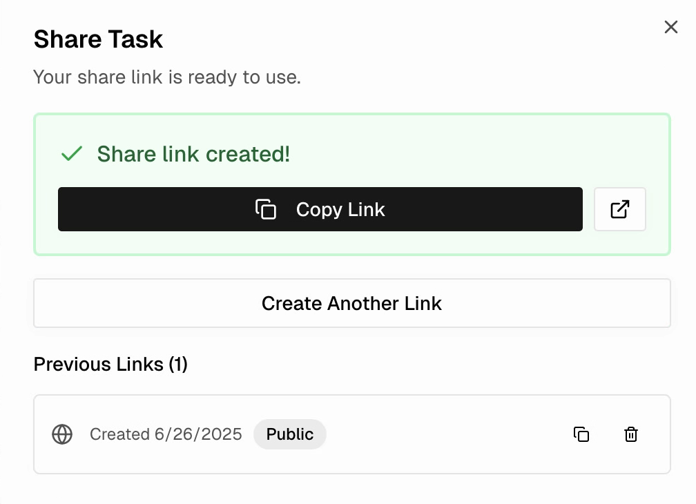 Share link created confirmation